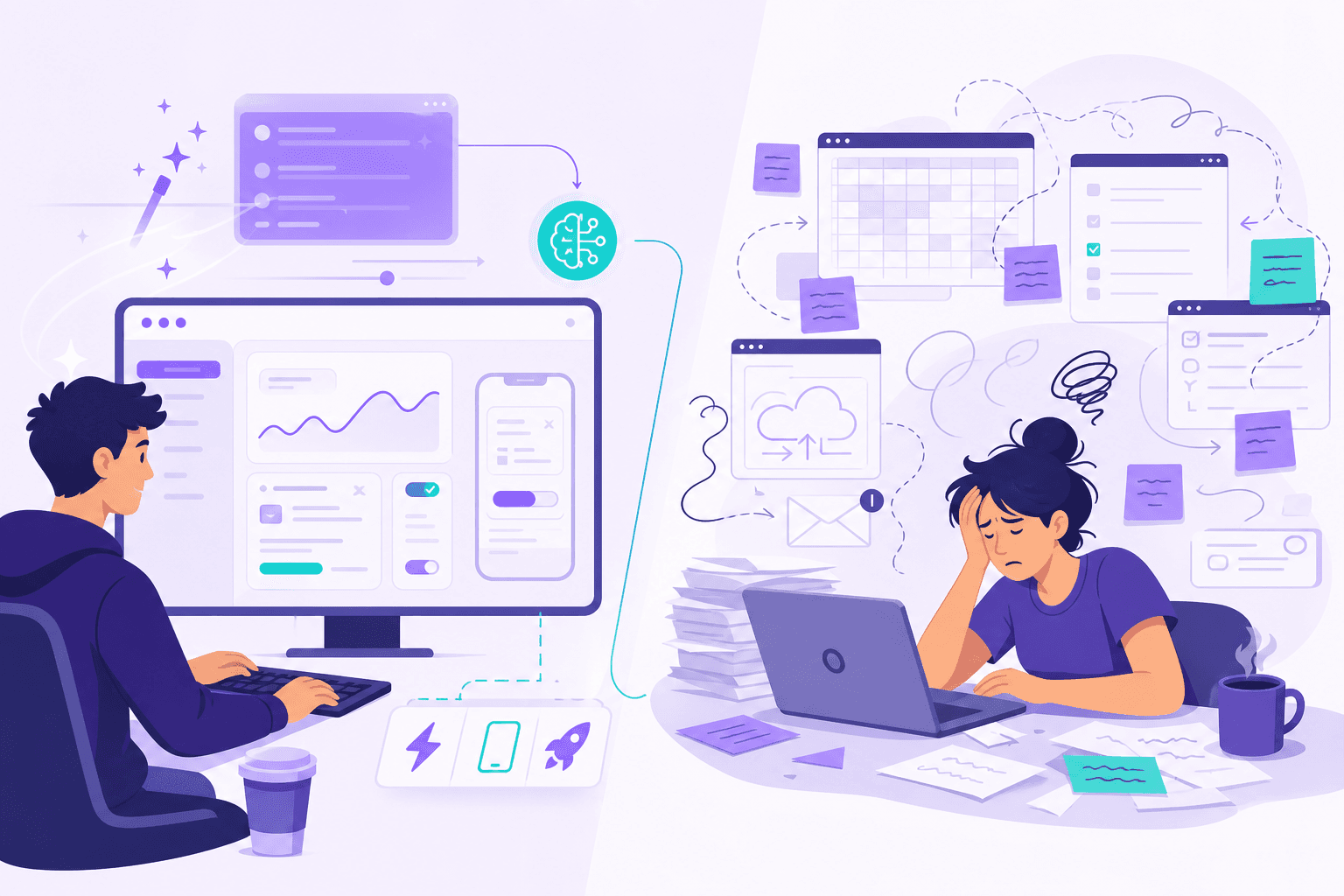 Split view of building a polished software prototype quickly versus the messy real-world user workflow the product must actually fit