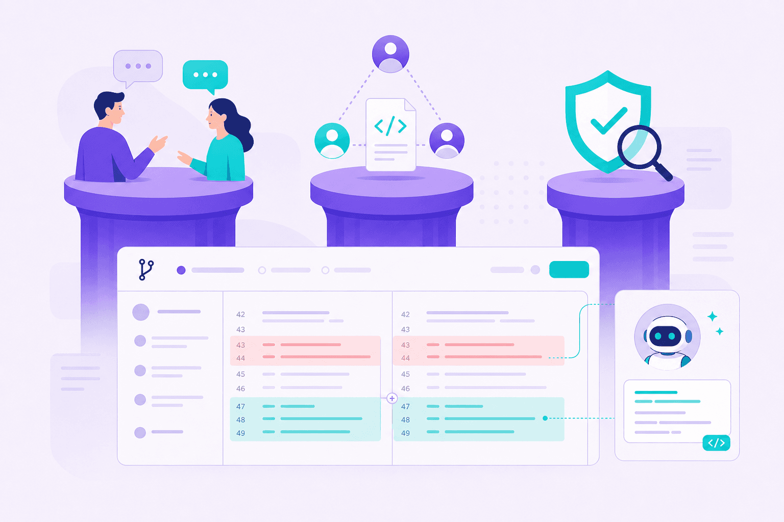 Three jobs of modern code review — collaboration, knowledge sharing, and verification — above an AI-generated pull request diff