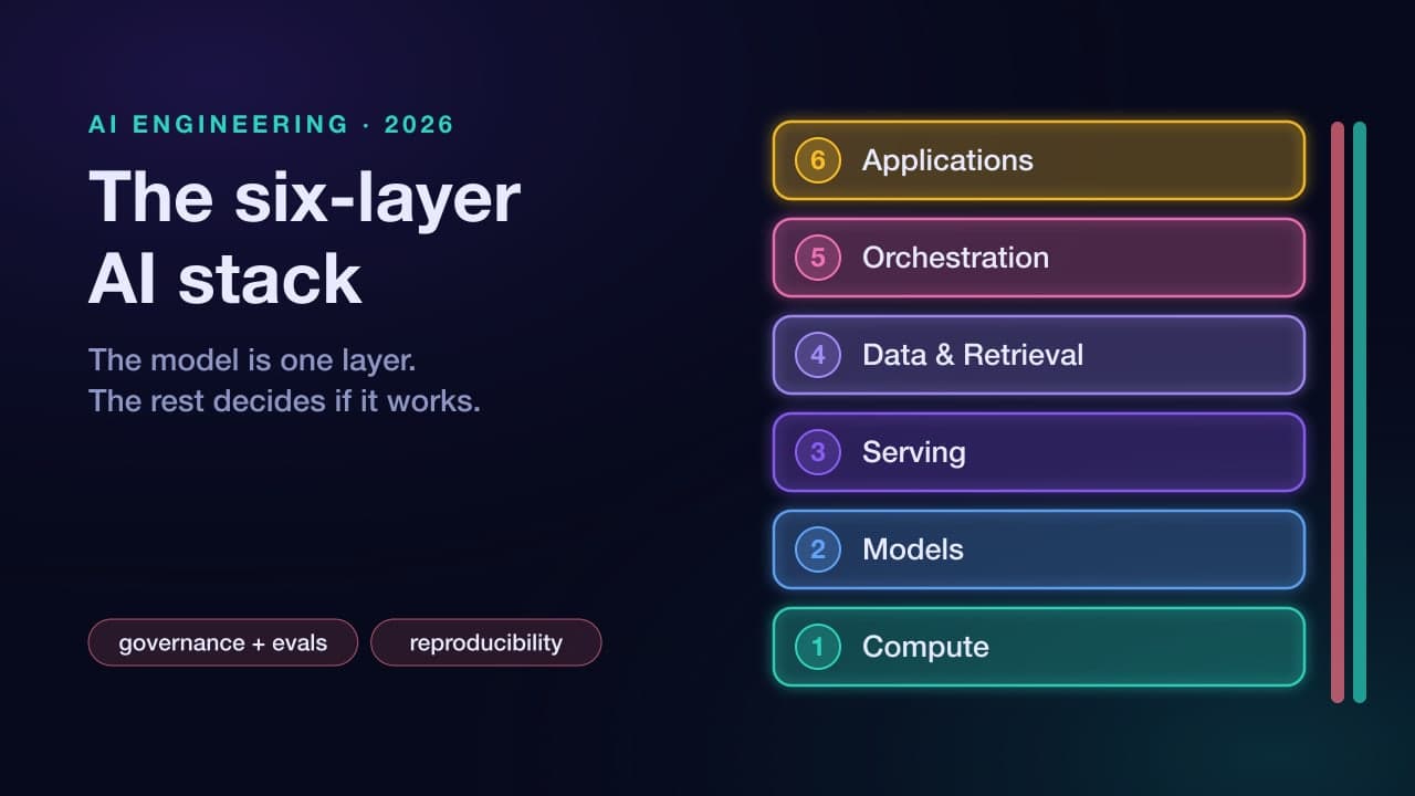 The six-layer AI stack: applications, orchestration, data and retrieval, serving, models, and compute, with governance and reproducibility cutting across all layers