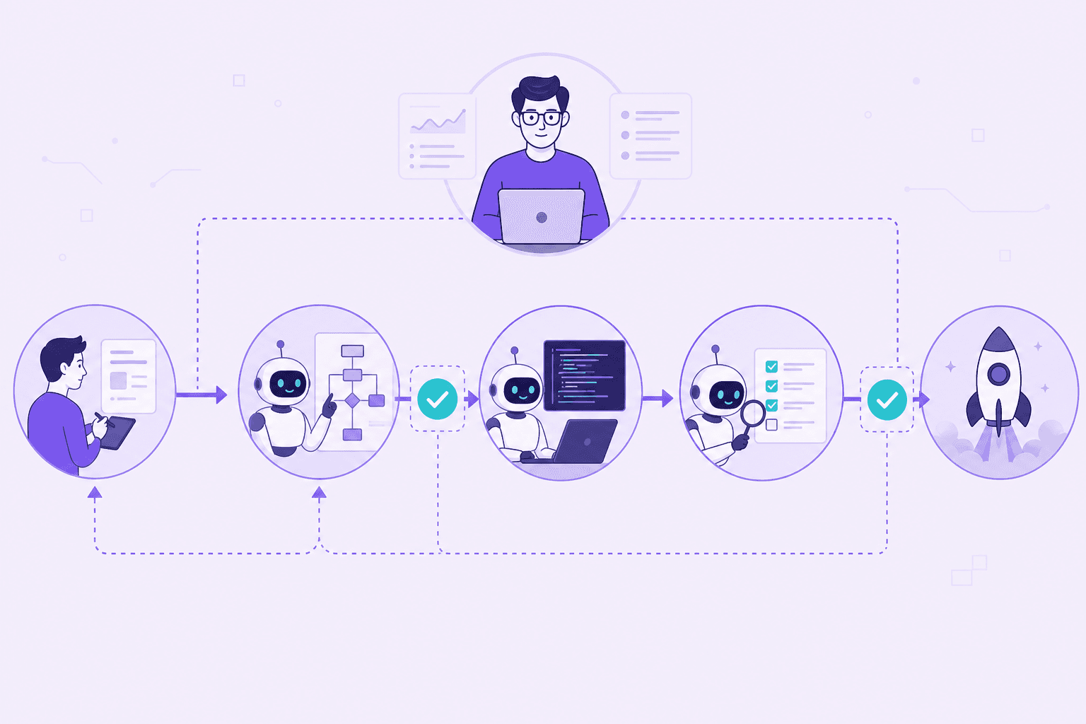 Agentic engineering workflow: the engineer sets goals and constraints, the AI plans and implements, and human review and test gates sit before anything ships