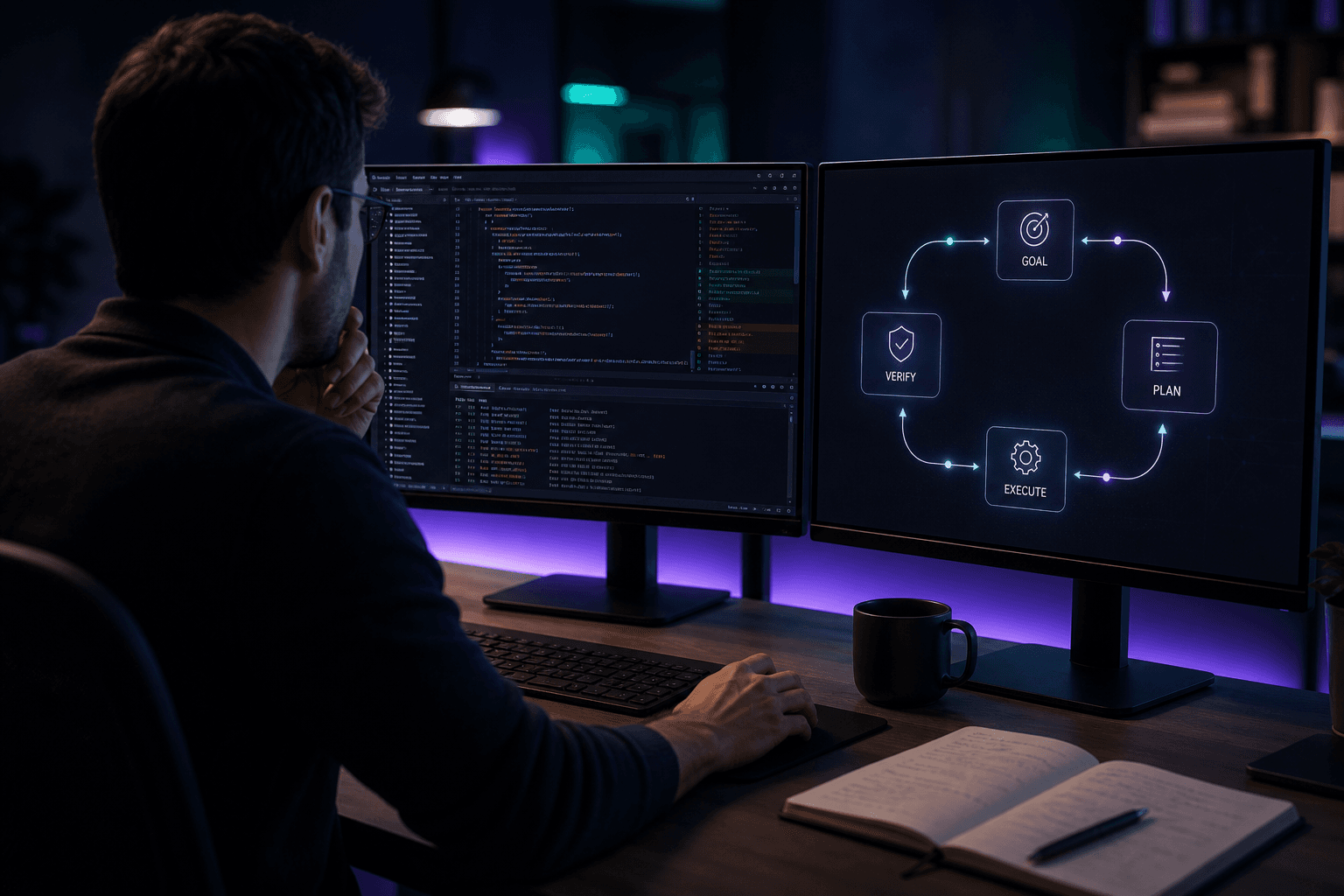 Developer supervising an AI coding agent that edits files, runs tests, and iterates in a terminal loop