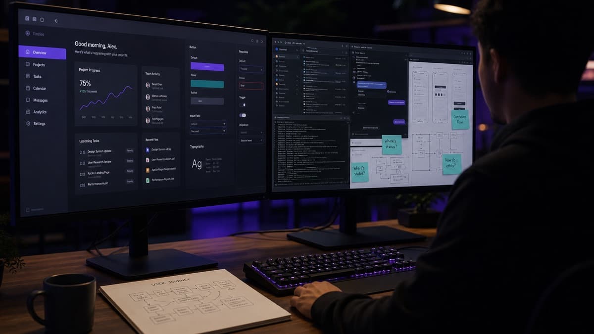 A developer at a dual-monitor desk: a polished app prototype on one screen, a messy real-user workflow on the other