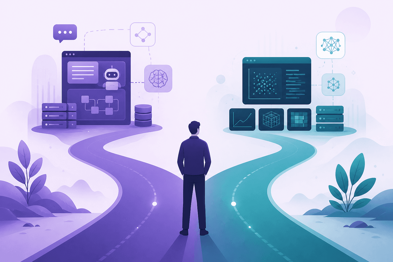 Career fork: AI engineer path building LLM applications and production systems versus ML engineer path focused on model training and optimization