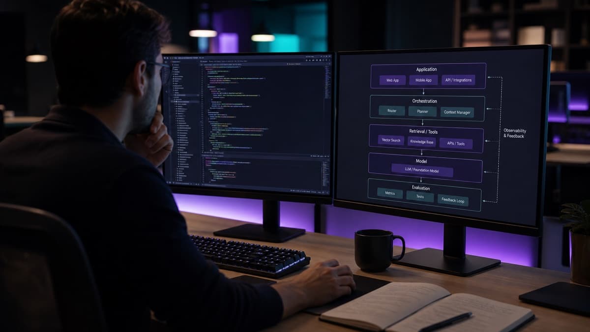 A software engineer at a dual-monitor desk: application code on the left, a layered AI system diagram on the right