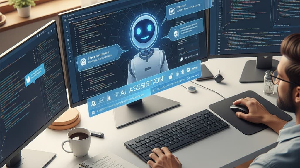 Developer at a multi-monitor desk with an AI assistant — vibe coding vs agentic engineering in practice